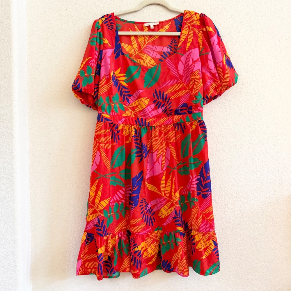 Skies Are Blue Tropical Leaf Puff Sleeve Ruffle Hem Dress Red Multicolored L